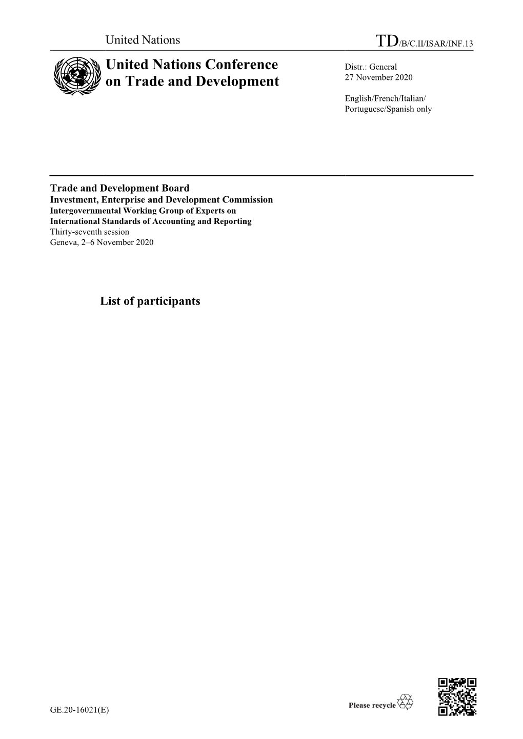 Intergovernmental Working Group of Experts on International Standards of Accounting and Reporting Thirty-Seventh Session Geneva, 2–6 November 2020