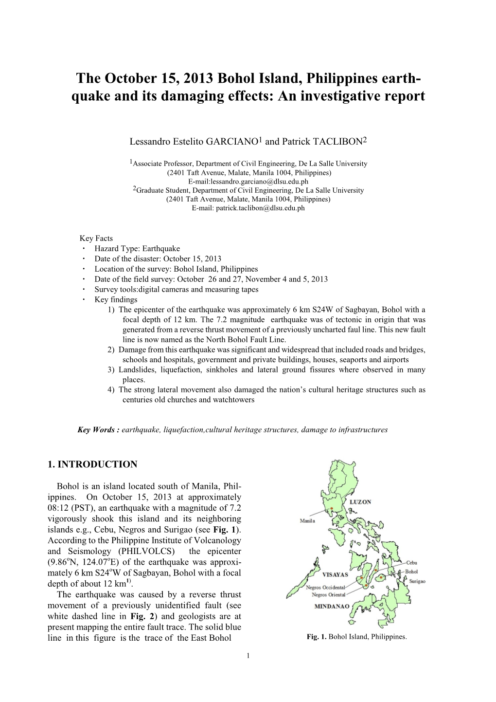 The October 15, 2013 Bohol Island, Philippines Earth- Quake and Its Damaging Effects: an Investigative Report
