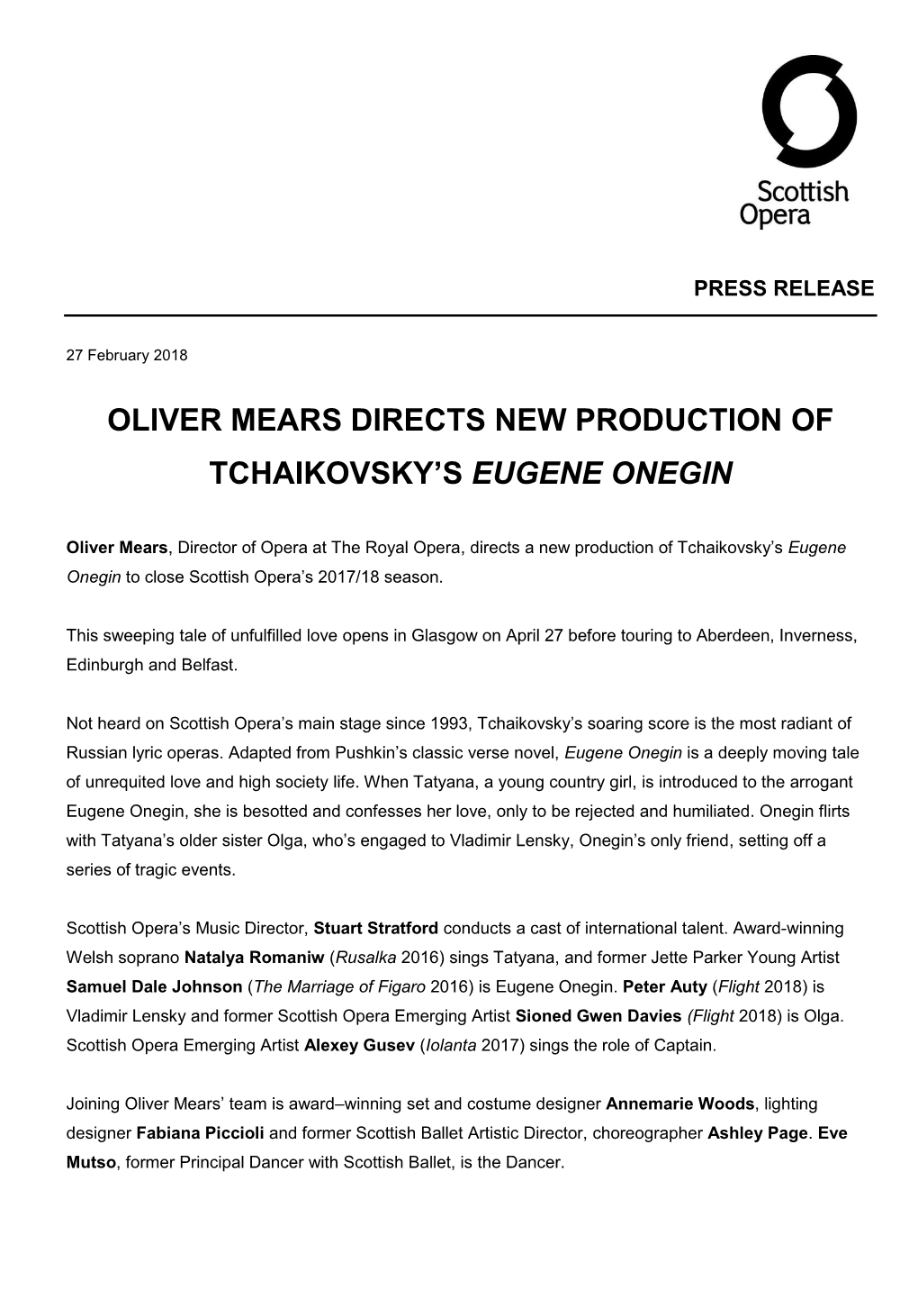 Oliver Mears Directs New Production of Tchaikovsky’S Eugene Onegin