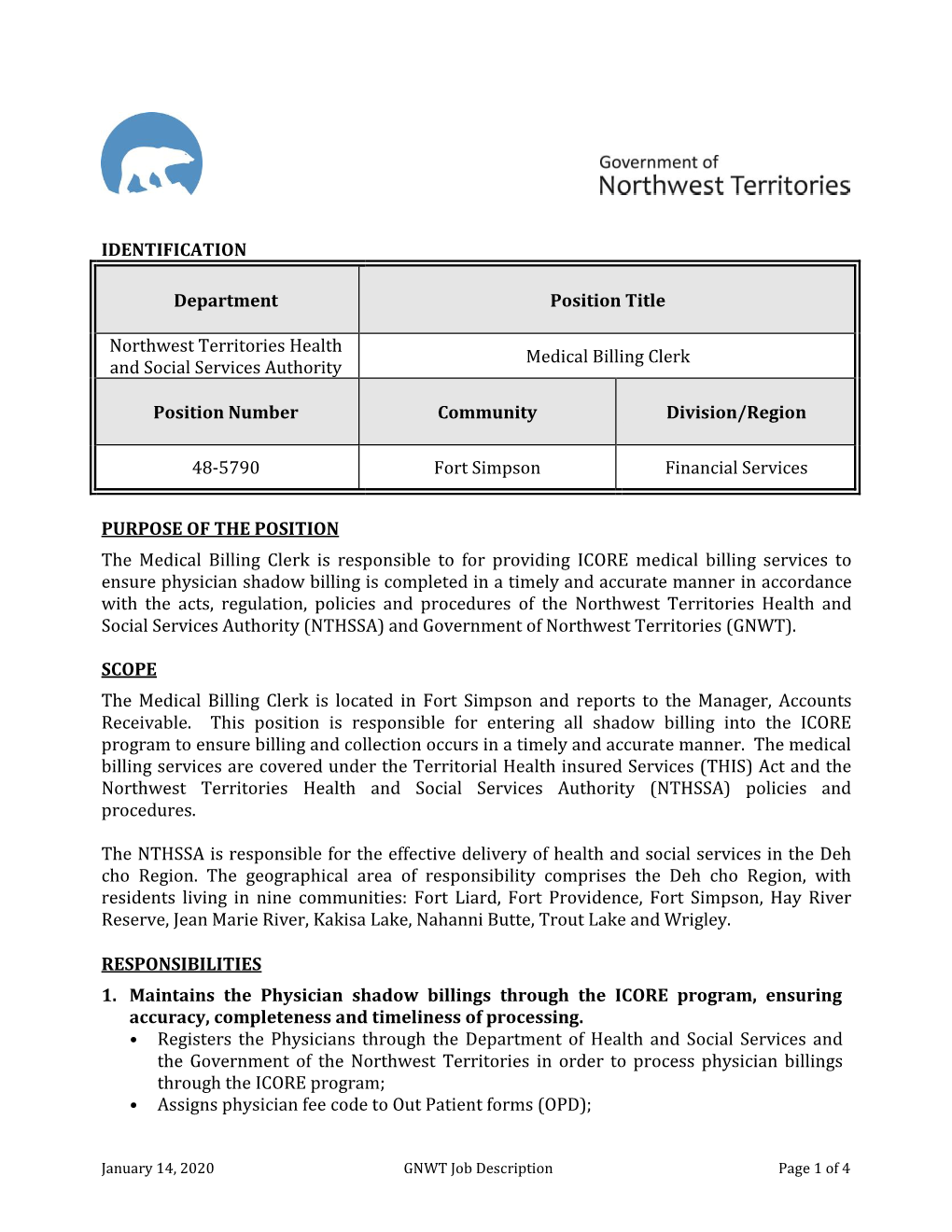 IDENTIFICATION Department Position Title Northwest Territories Health
