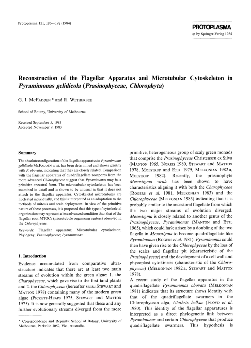 Reconstruction of the Flagellar Apparatus and Microtubular Cytoskeleton in Pyramimonas Gelidicola (Prasinophyceae, Chlorophyta)