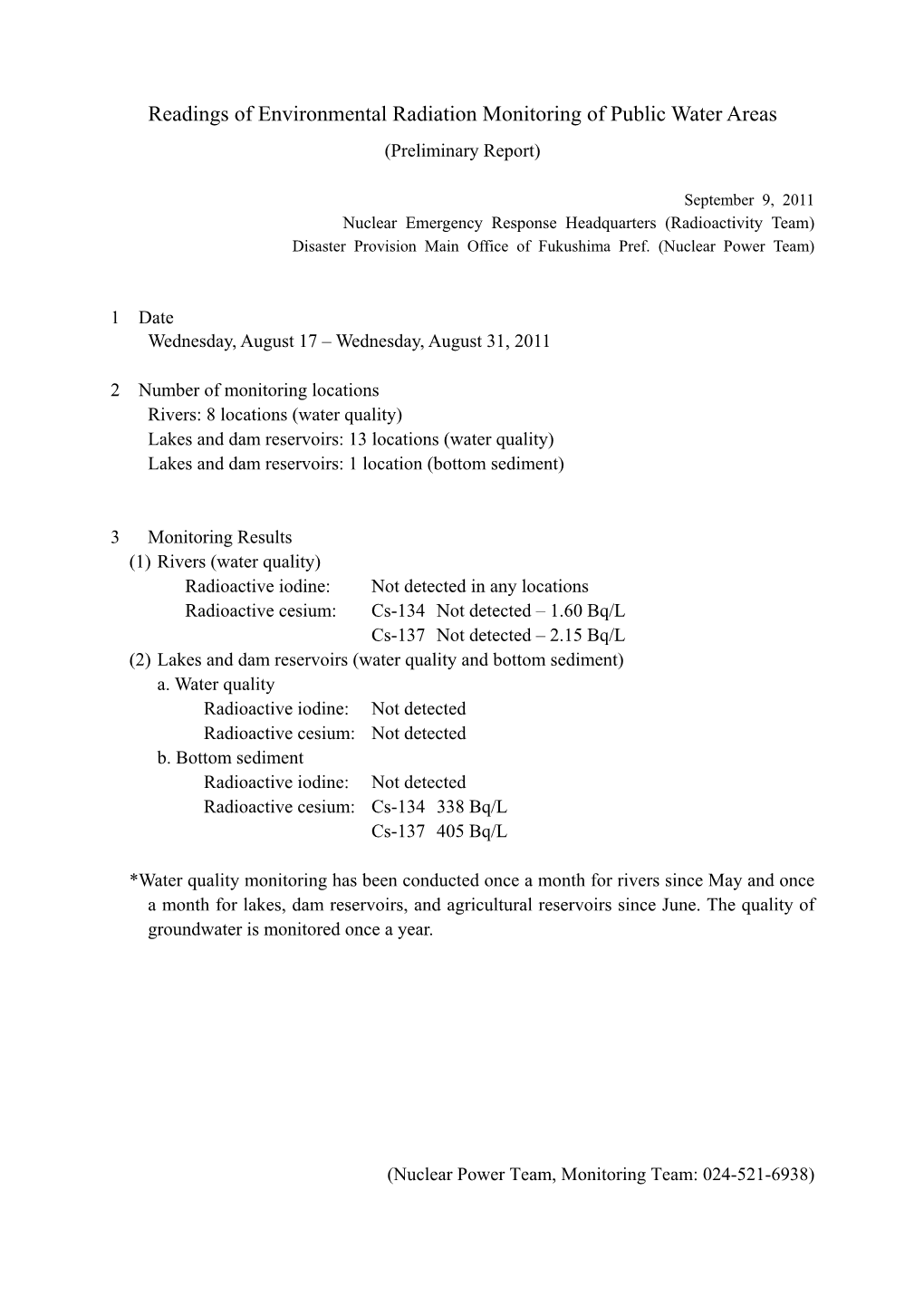 Readings of Environmental Radiation Monitoring of Public Water Areas (Preliminary Report)