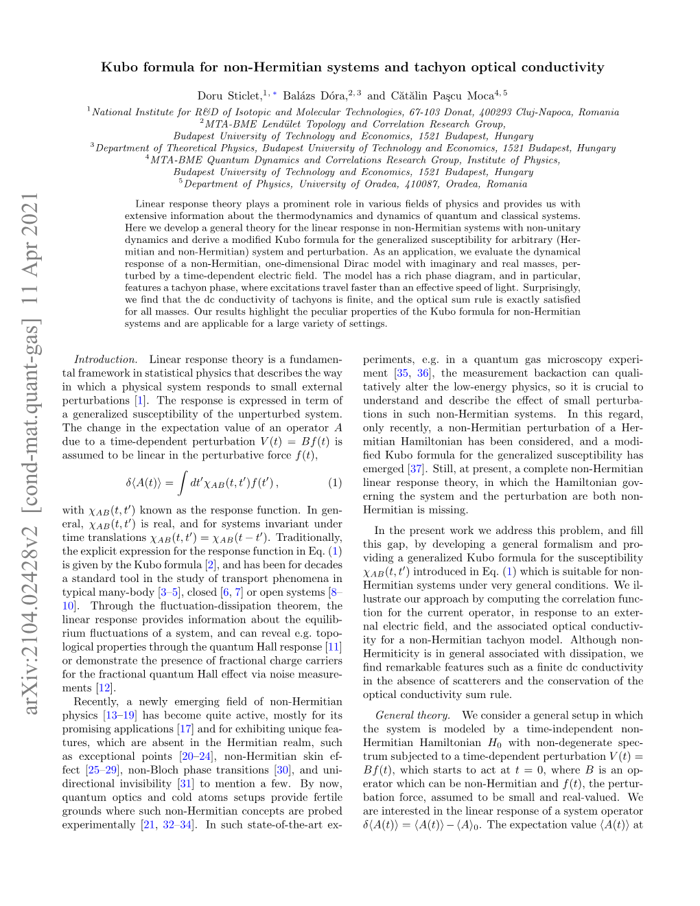 Arxiv:2104.02428V2 [Cond-Mat.Quant-Gas] 11 Apr 2021 Physics [13–19] Has Become Quite Active, Mostly for Its General Theory