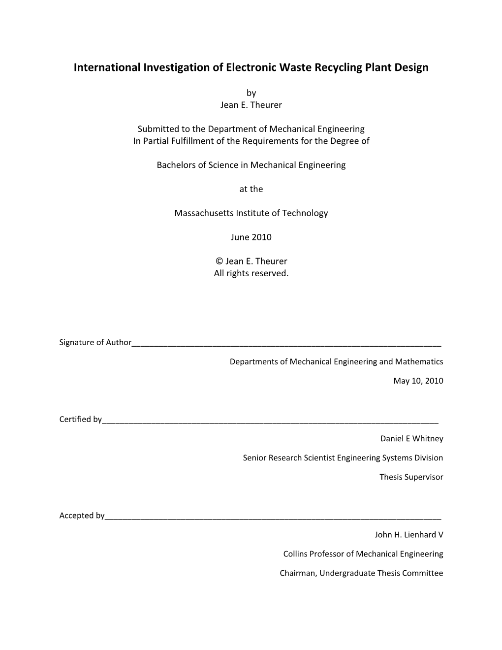 International Investigation of Electronic Waste Recycling Plant Design