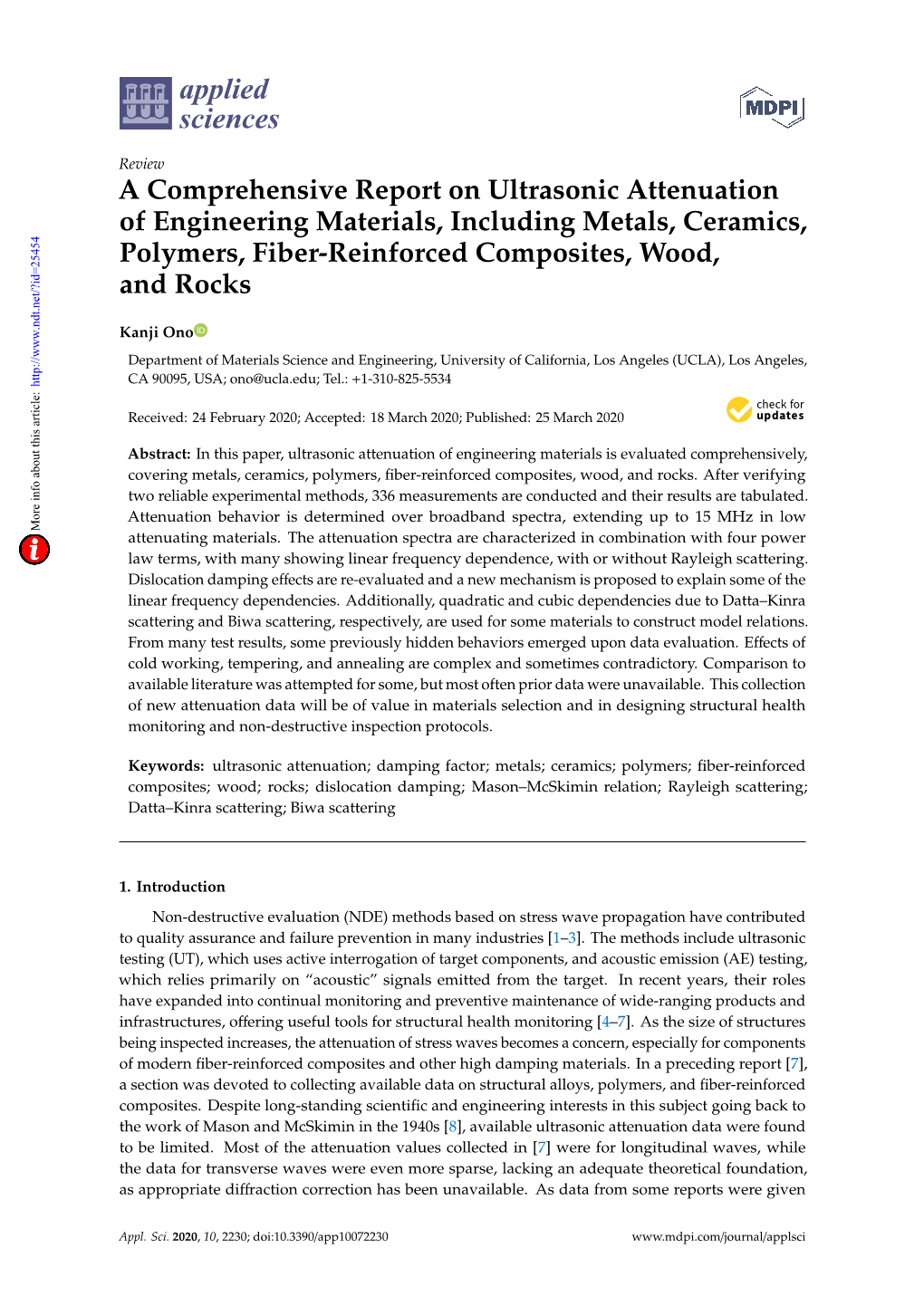 A Comprehensive Report on Ultrasonic Attenuation of Engineering Materials, Including Metals, Ceramics, Polymers, Fiber-Reinforced Composites, Wood, and Rocks