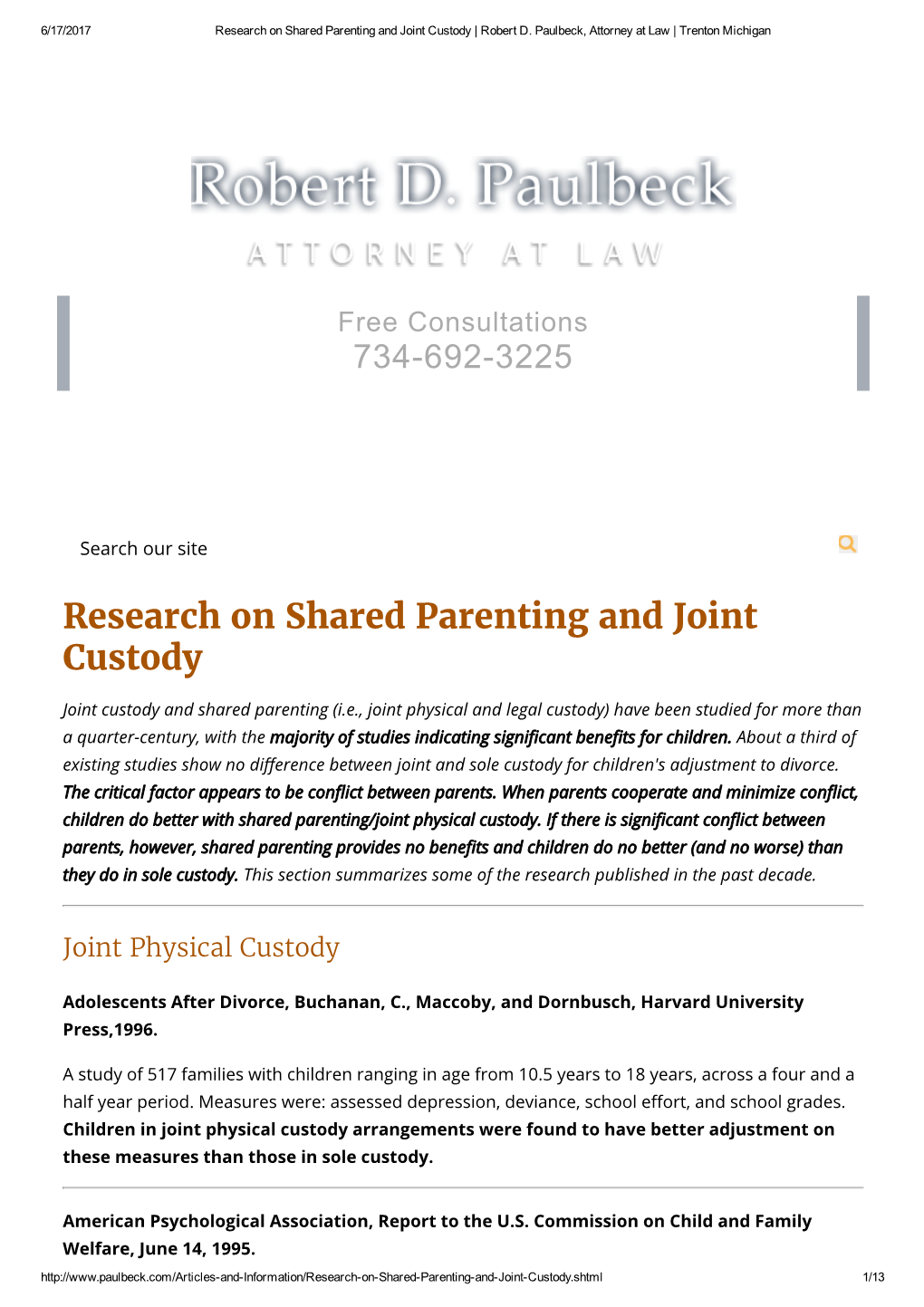 Research on Shared Parenting and Joint Custody | Robert D
