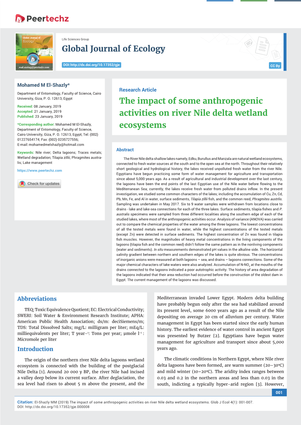 The Impact of Some Anthropogenic Activities on River Nile Delta Wetland Ecosystems