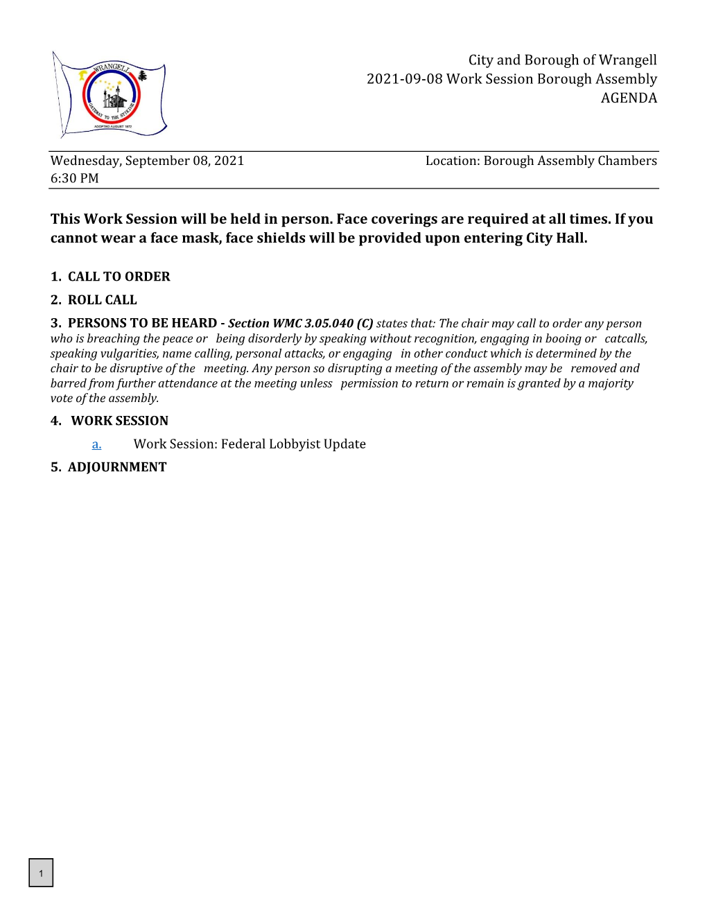 City and Borough of Wrangell 2021-09-08 Work Session Borough Assembly AGENDA