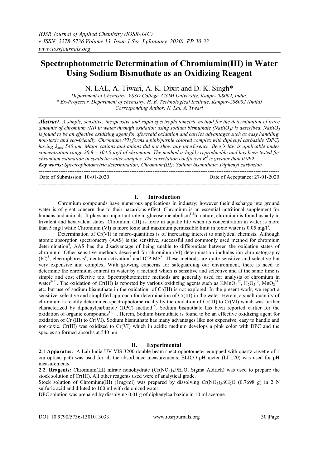 Spectrophotometric Determination of Chromiumin(III) in Water Using Sodium Bismuthate As an Oxidizing Reagent