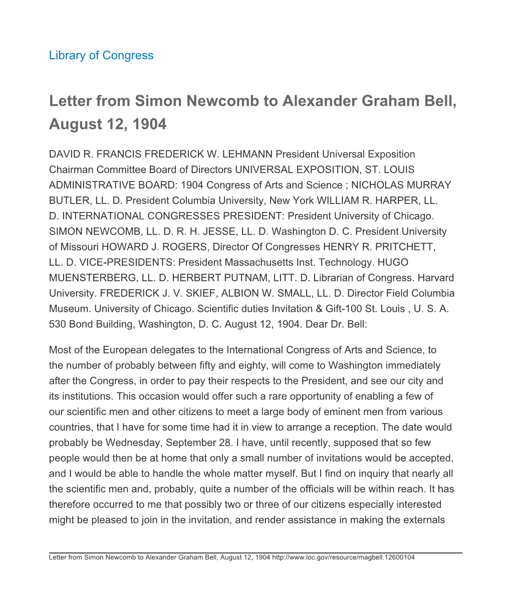 Letter from Simon Newcomb to Alexander Graham Bell, August 12, 1904