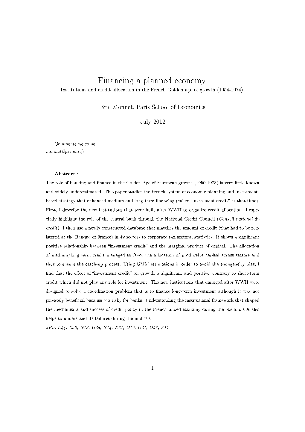 Financing a Planned Economy. Institutions and Credit Allocation in the French Golden Age of Growth (1954-1974)