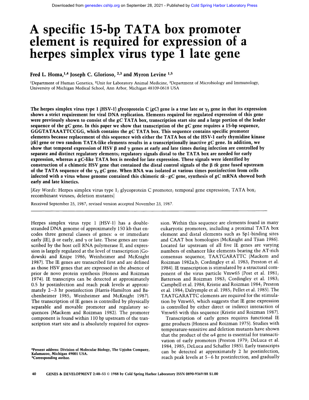 A Specific 15-Bp TATA Box Promoter Element Is Required for Expression of a Herpes Simplex Virus Type 1 Late Gene