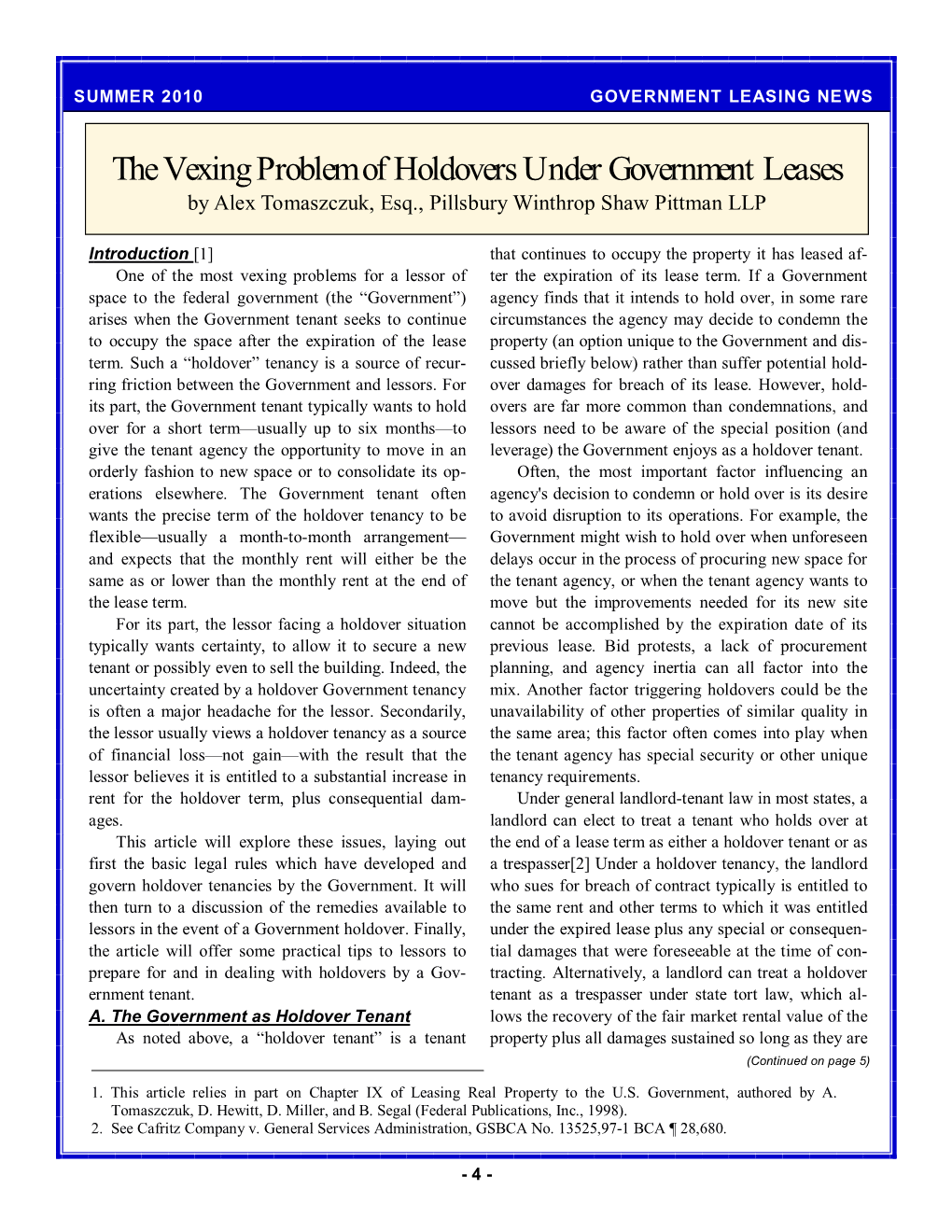 The Vexing Problem of Holdovers Under Government Leases by Alex Tomaszczuk, Esq., Pillsbury Winthrop Shaw Pittman LLP