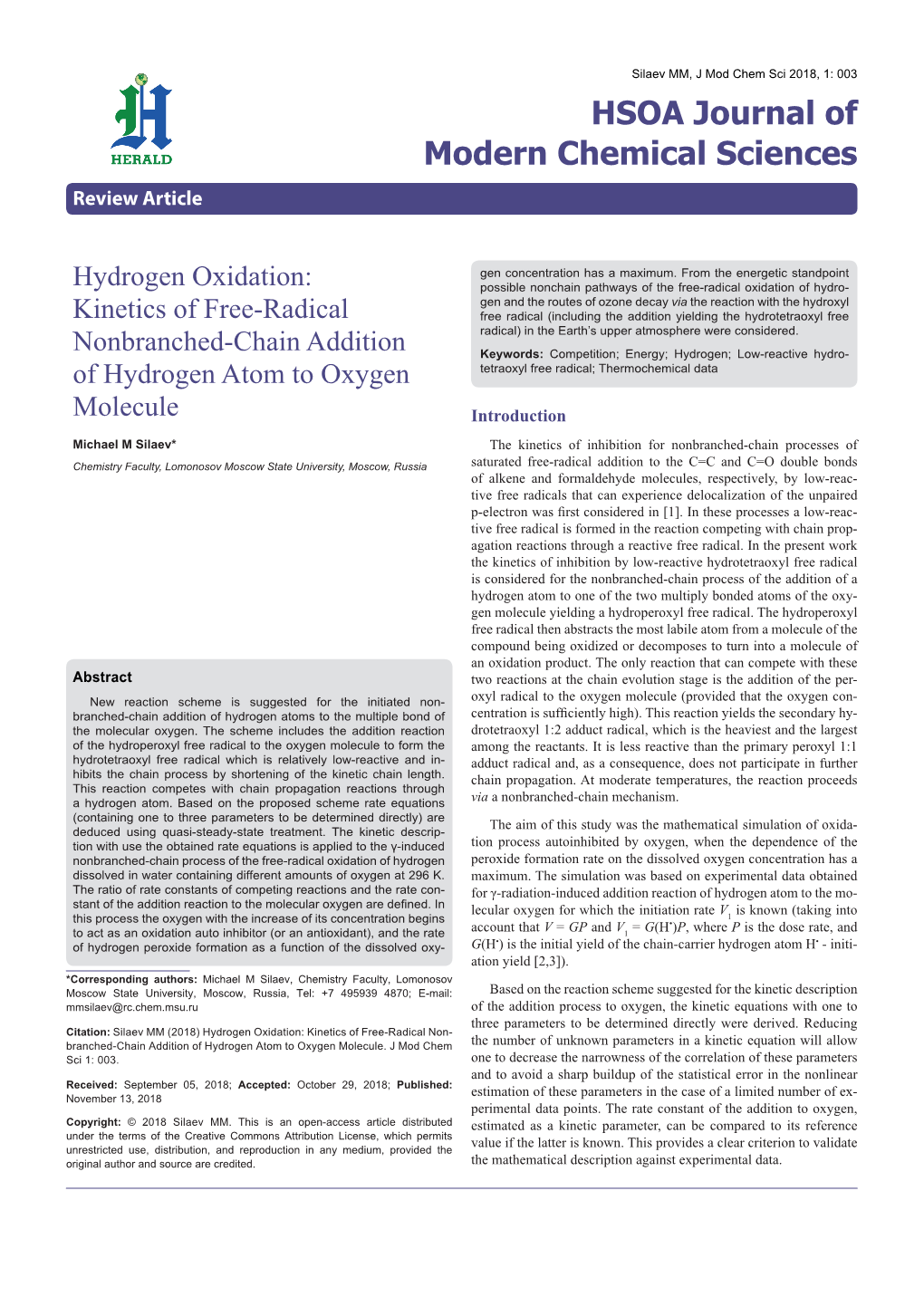 Kinetics of Free-Radical Nonbranched-Chain Addition of Hydrogen Atom to Oxygen Molecule