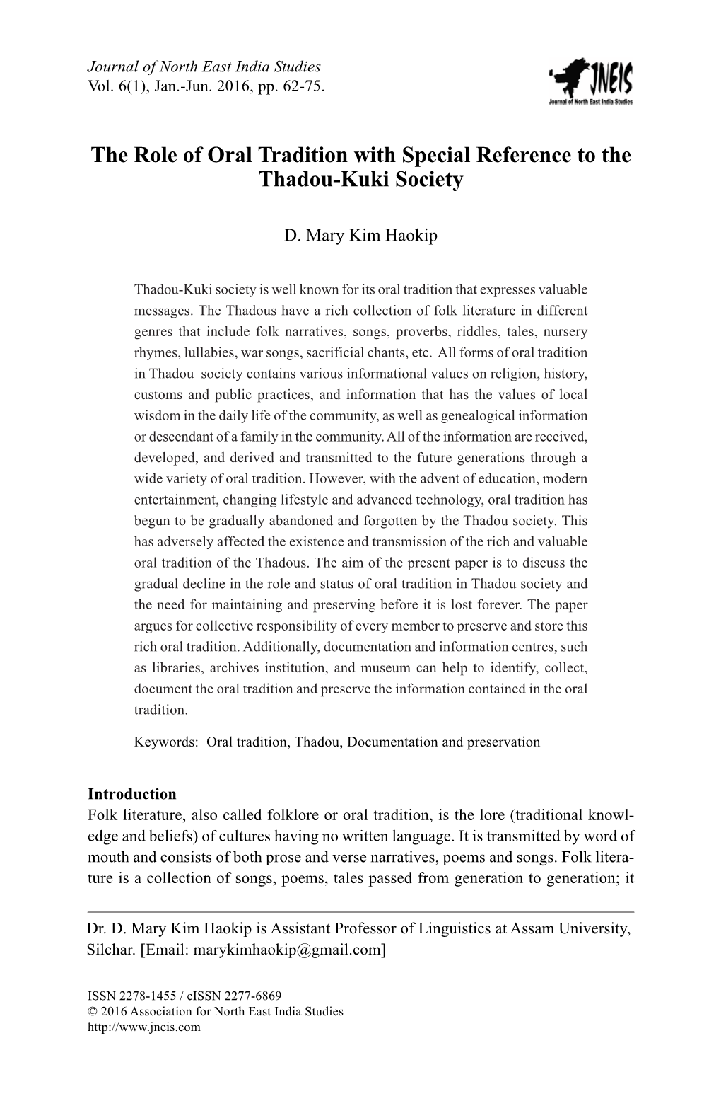 The Role of Oral Tradition with Special Reference to the Thadou-Kuki Society