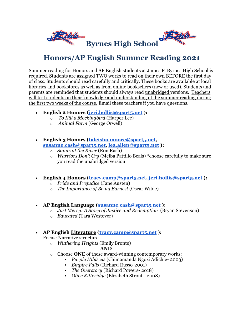 Byrnes High School Honors/AP English Summer Reading 2021