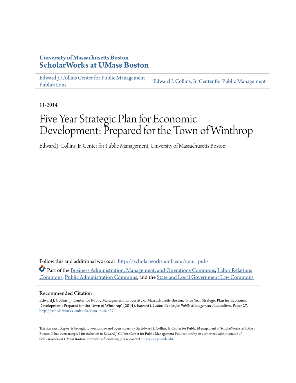 Five Year Strategic Plan for Economic Development: Prepared for the Town of Winthrop Edward J