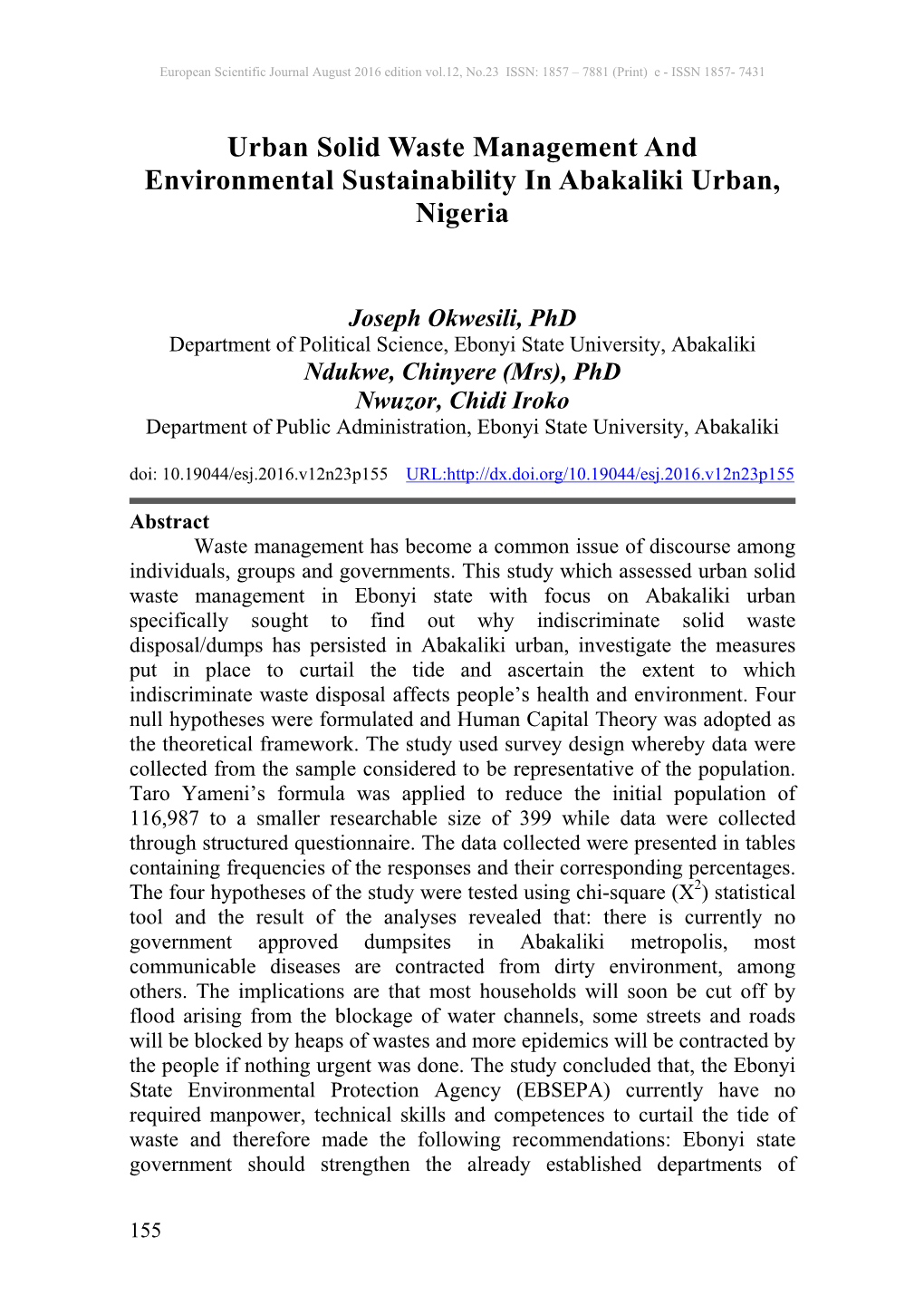 Urban Solid Waste Management and Environmental Sustainability in Abakaliki Urban, Nigeria