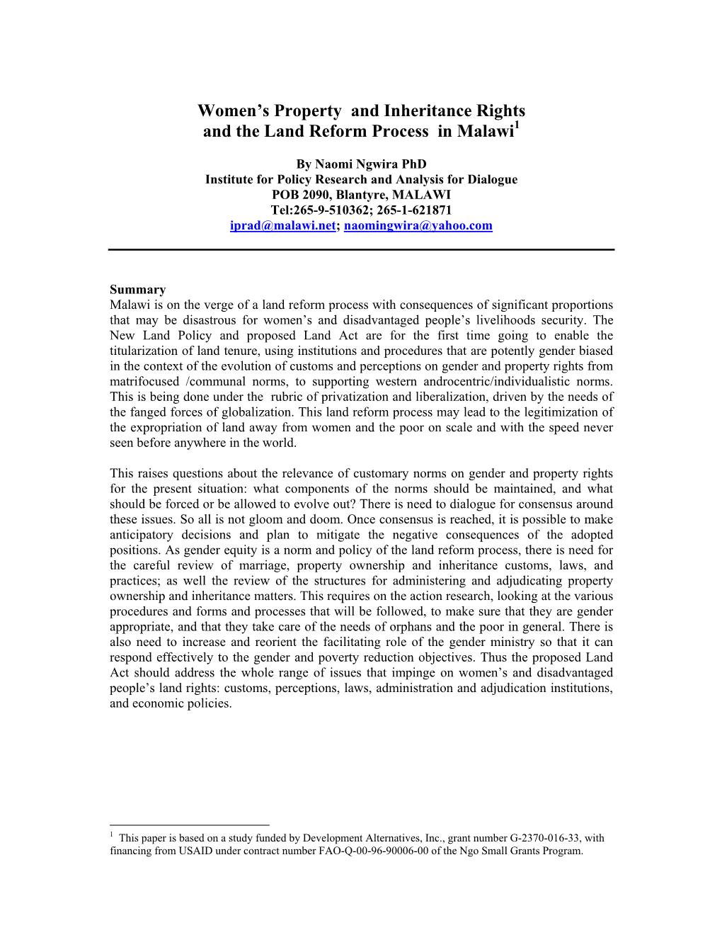 Women's Property and Inheritance Rights and the Land Reform Process in Malawi
