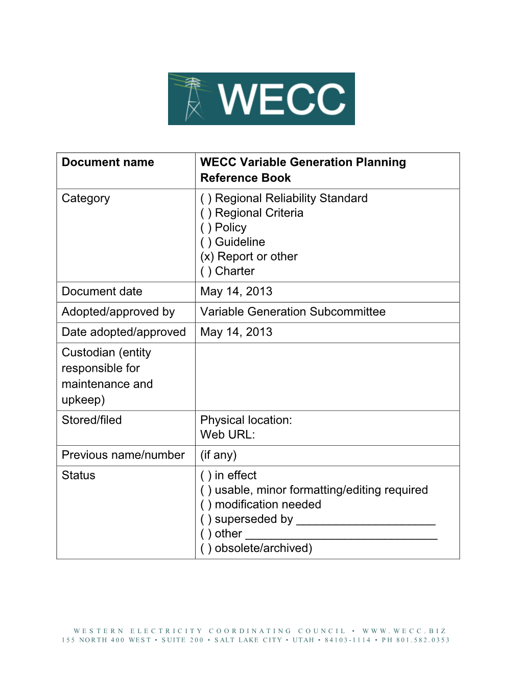 Document Name WECC Variable Generation Planning Reference