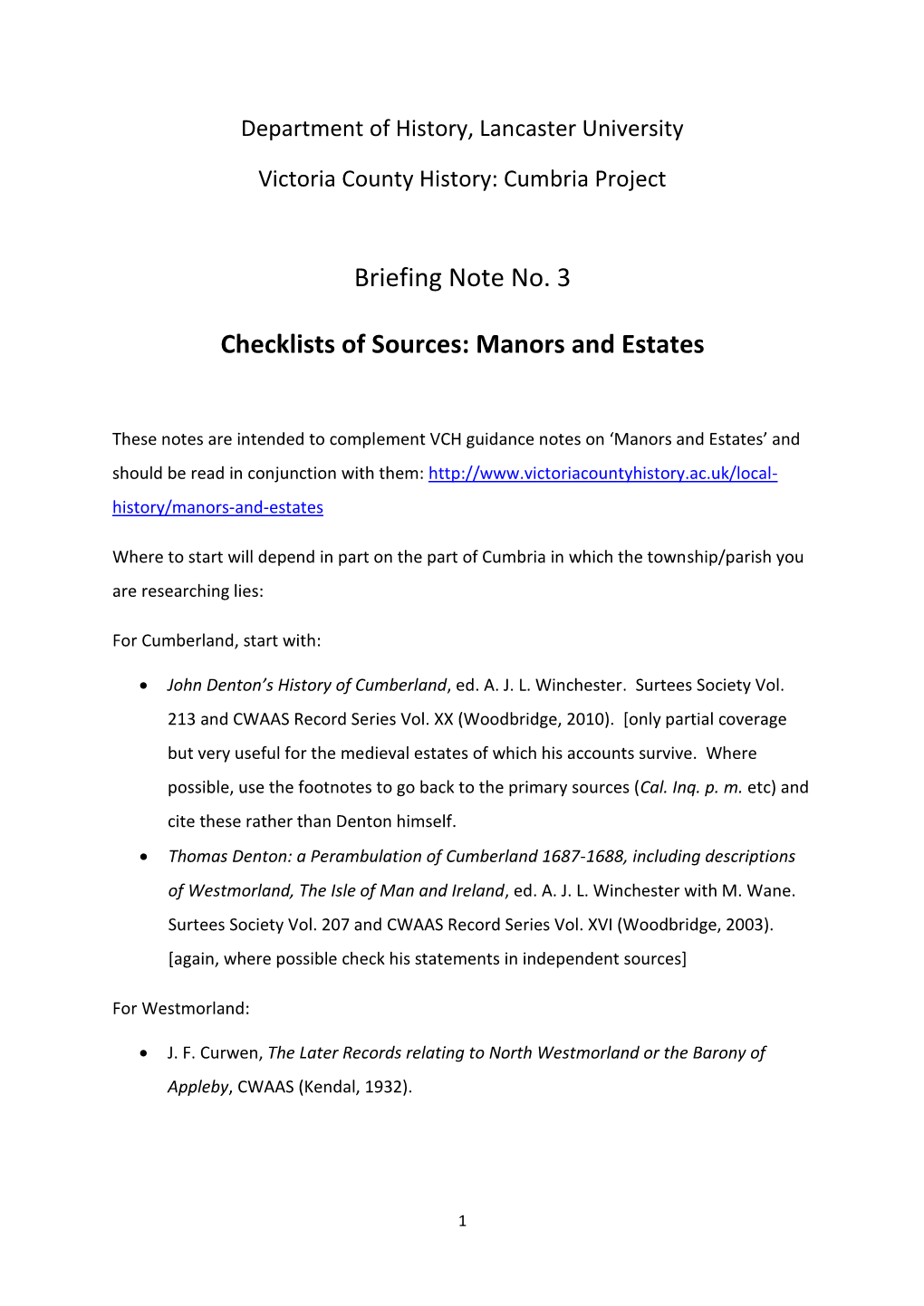 Briefing Note No. 3 Checklists of Sources: Manors and Estates