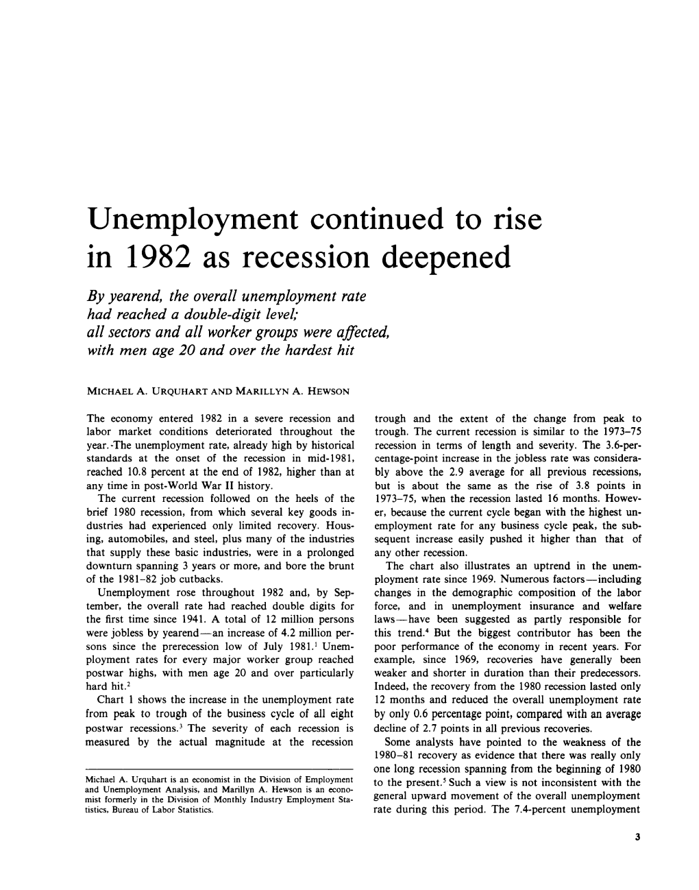 Unemployment Continued to Rise in 1982 As Recession Deepened