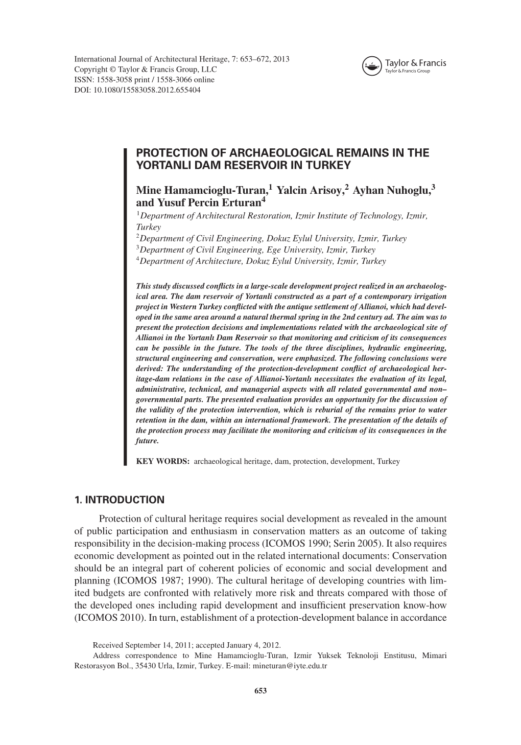 Protection of Archaeological Remains in the Yortanli Dam Reservoir in Turkey