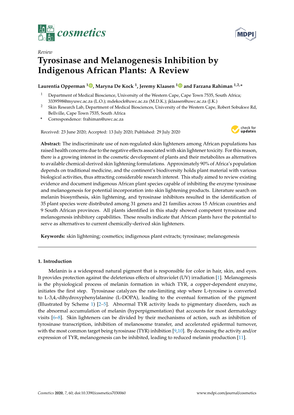 Tyrosinase and Melanogenesis Inhibition by Indigenous African Plants: a Review