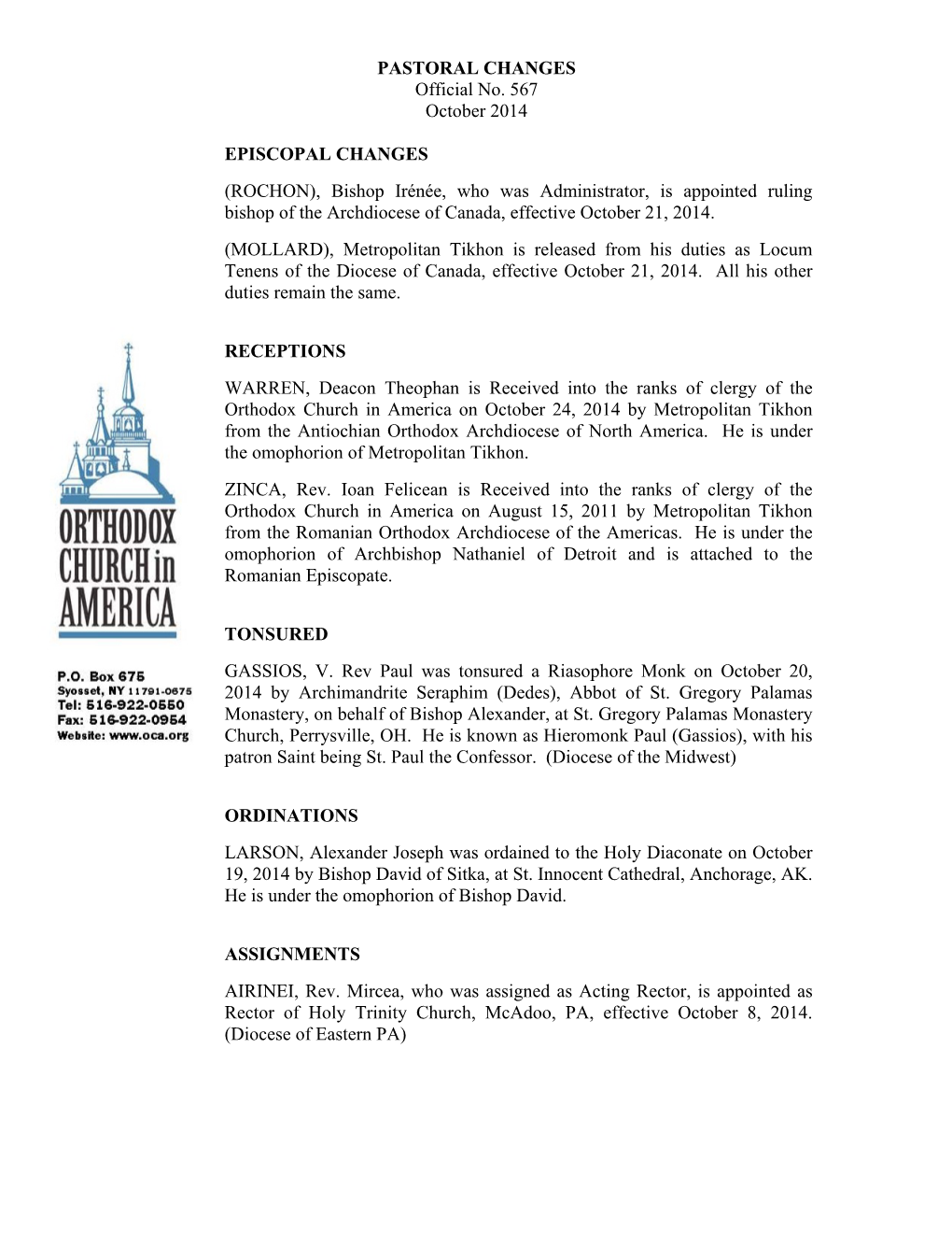 PASTORAL CHANGES Official No. 567 October 2014 EPISCOPAL