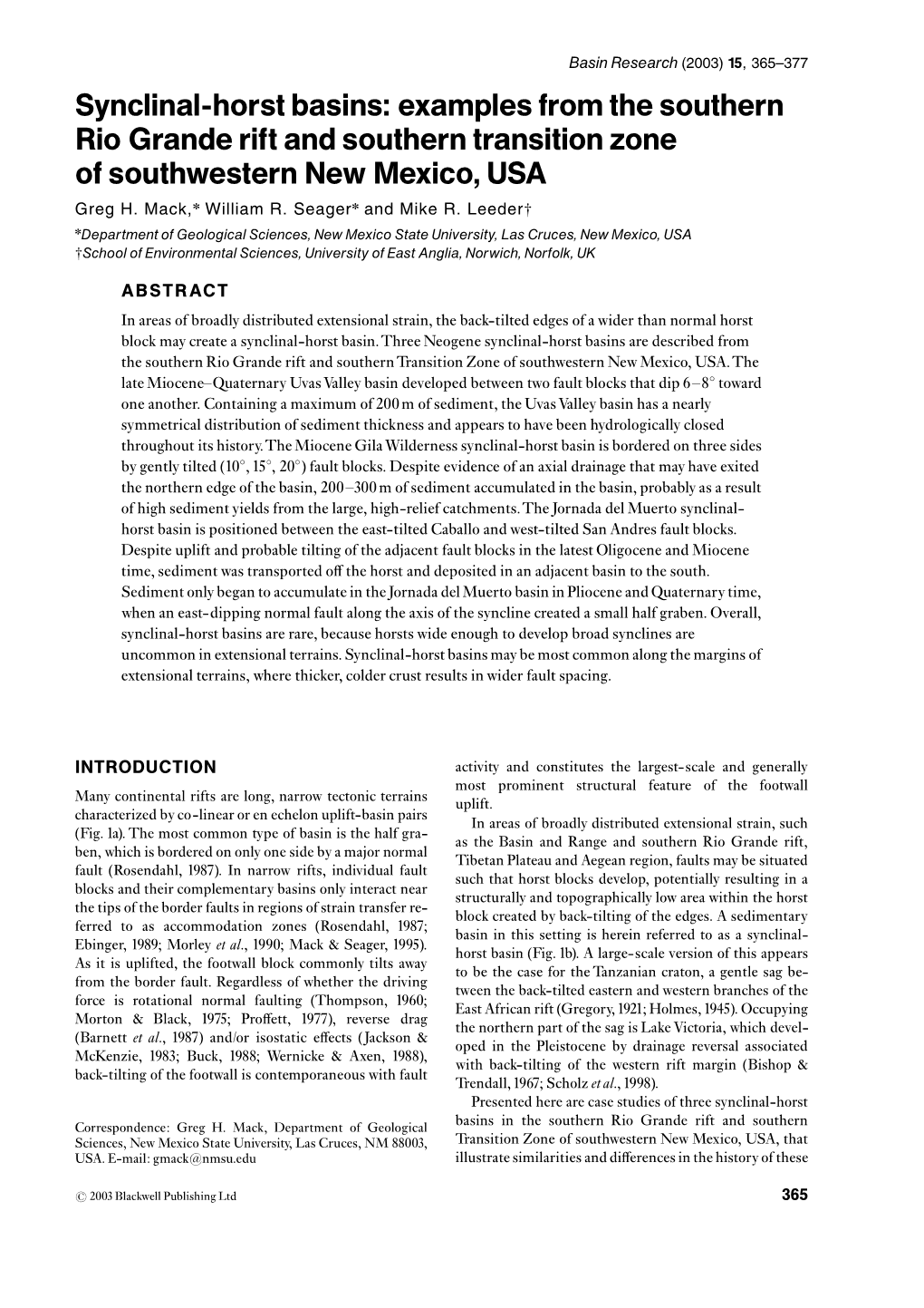 Synclinal-Horst Basins: Examples from the Southern Rio Grande Rift and Southern Transition Zone of Southwestern New Mexico, USA Greg H