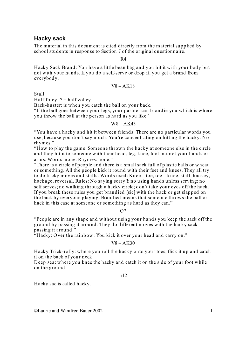 Hacky Sack the Material in This Document Is Cited Directly from the Material Supplied by School Students in Response to Section 7 of the Original Questionnaire