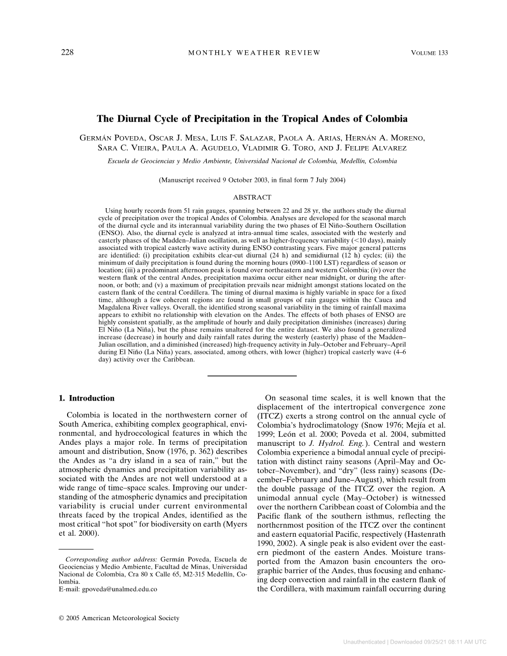 The Diurnal Cycle of Precipitation in the Tropical Andes of Colombia