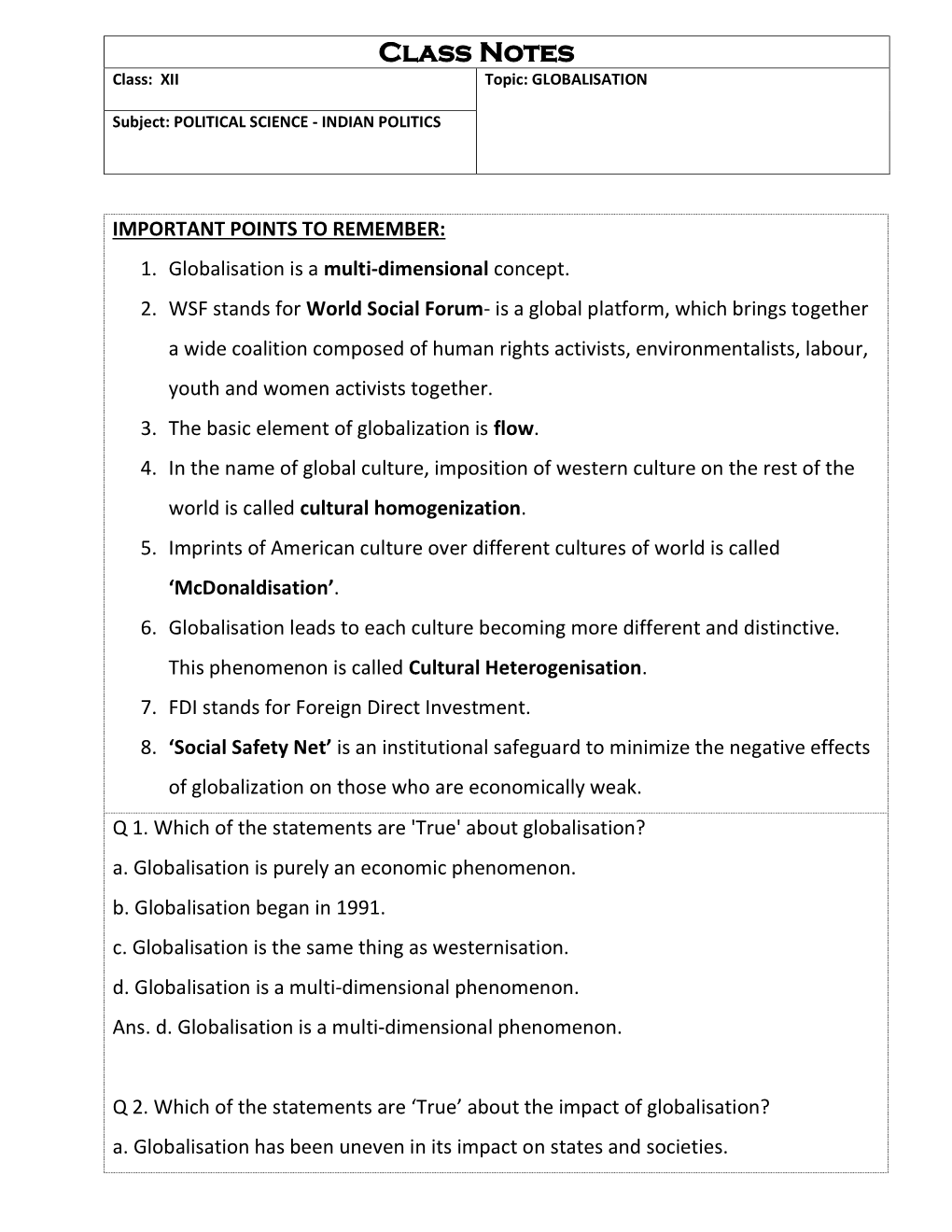 Class Notes Class: XII Topic: GLOBALISATION