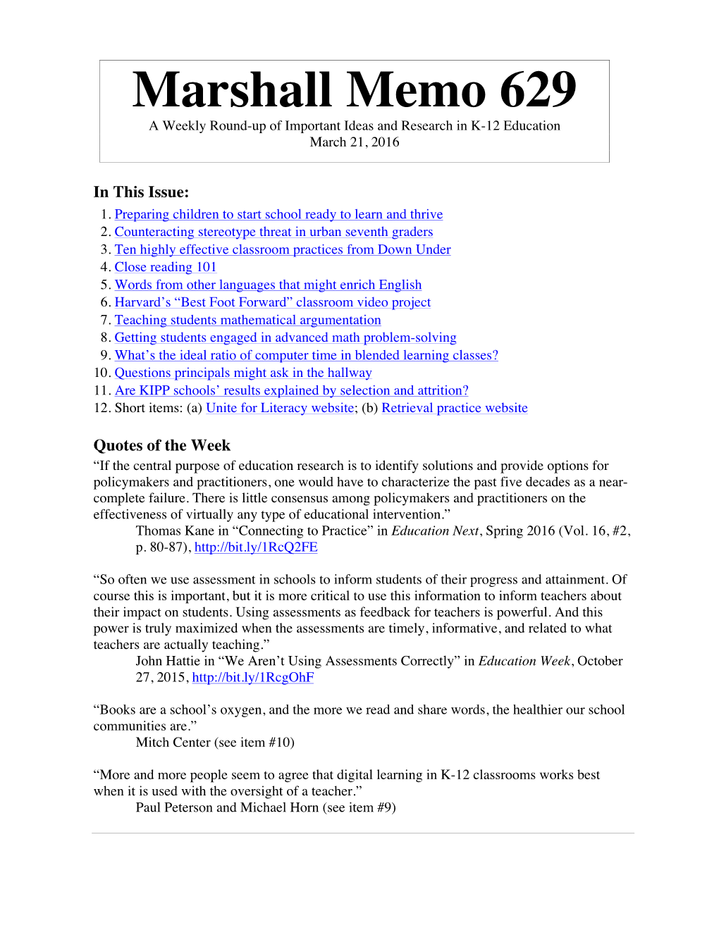 Marshall Memo 629 a Weekly Round-Up of Important Ideas and Research in K-12 Education March 21, 2016