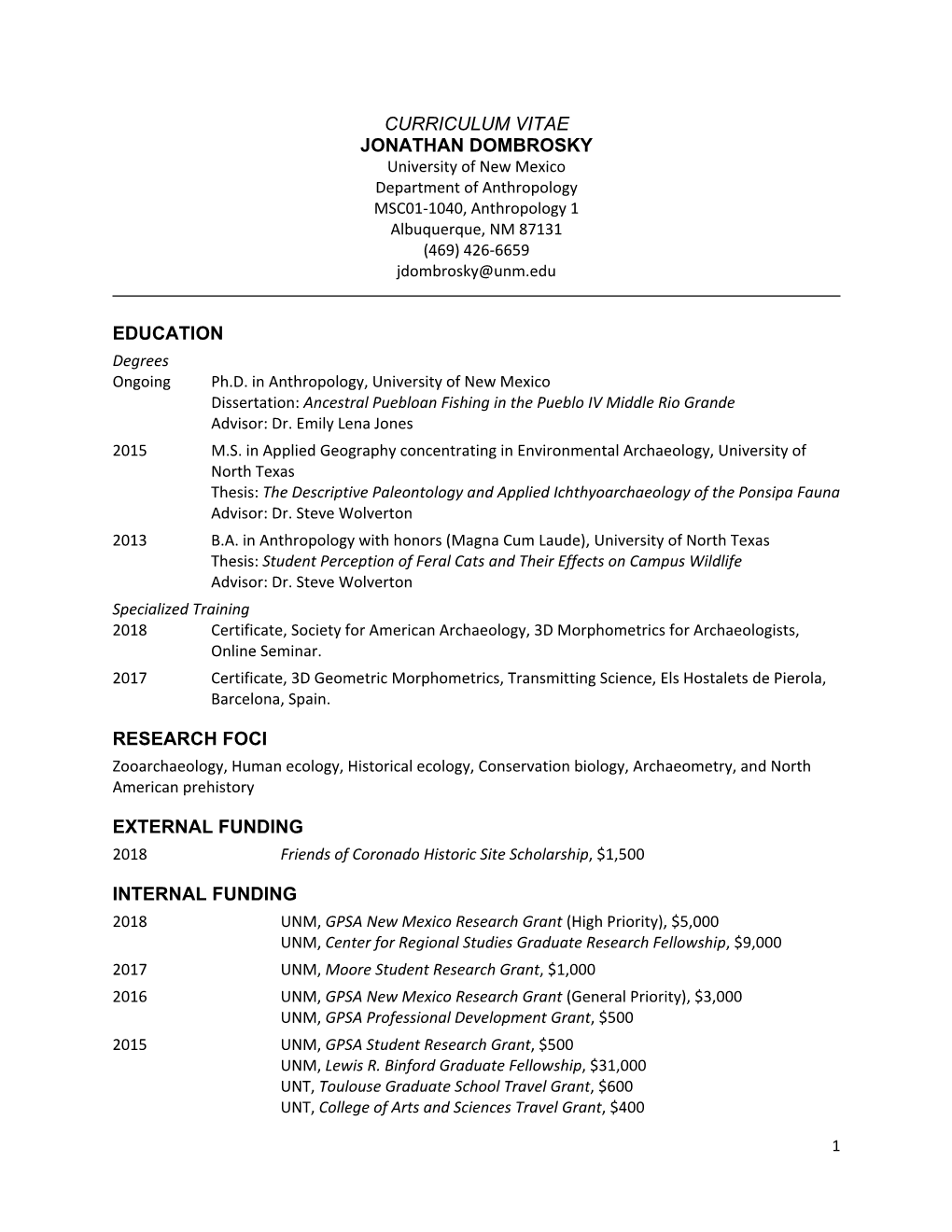 Curriculum Vitae Jonathan Dombrosky