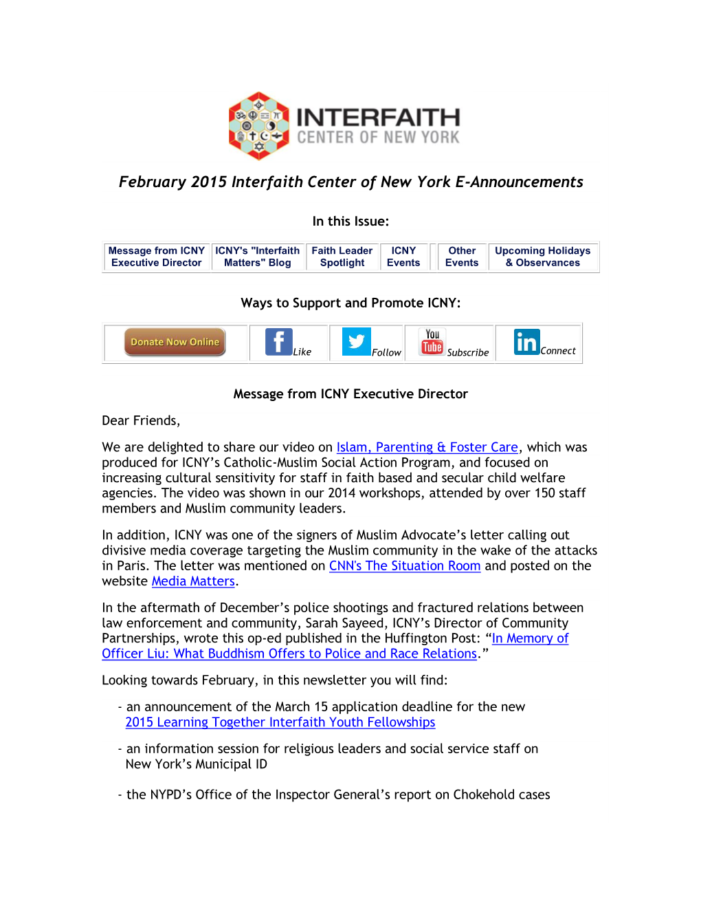 February 2015 Interfaith Center of New York E-Announcements