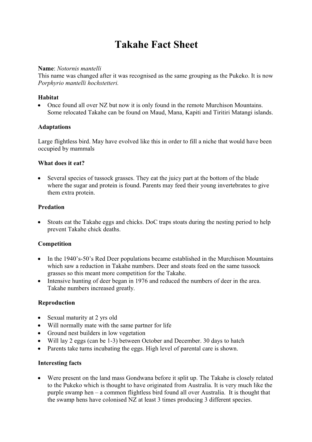 Takahe Fact Sheet