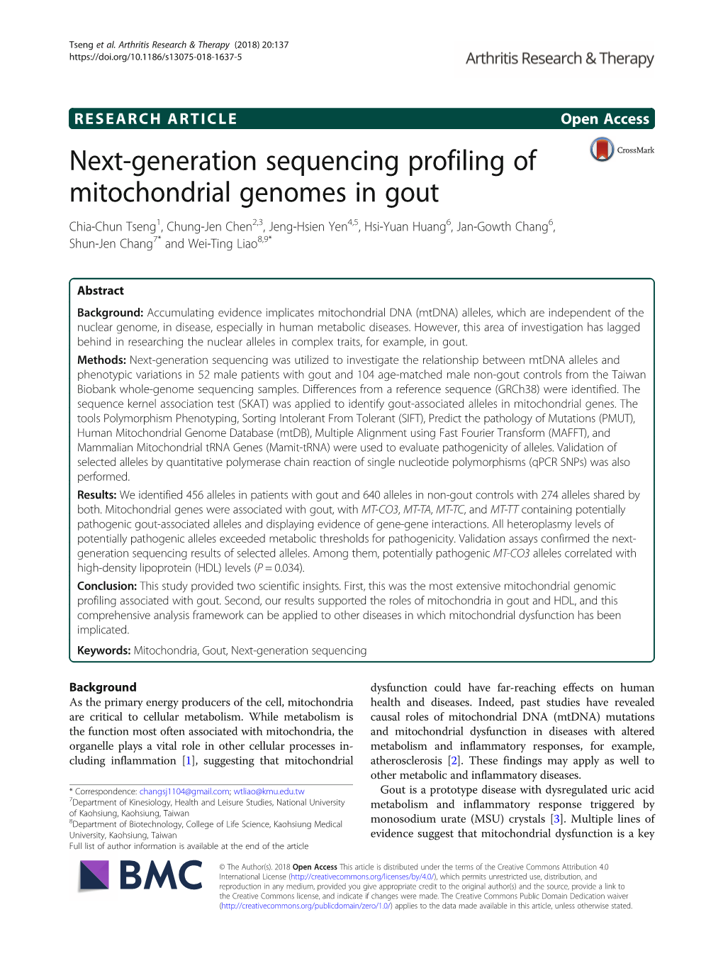 Next-Generation Sequencing Profiling of Mitochondrial Genomes in Gout