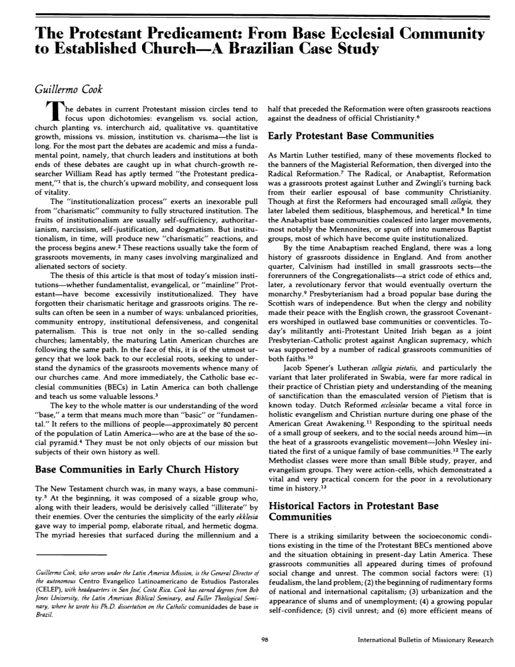 The Protestant Predicament: from Base Ecclesial Community to Established Church-A Brazilian Case Study