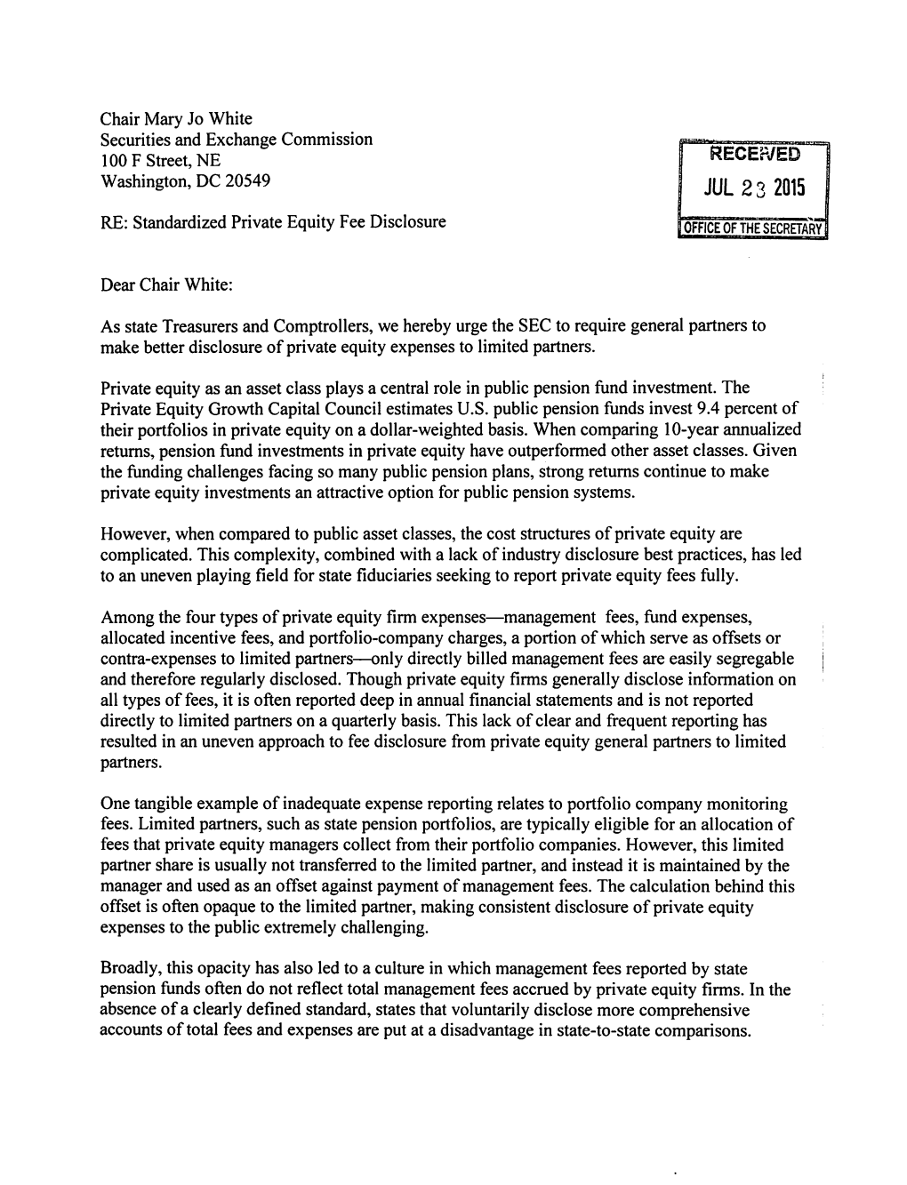 2015 Request for Rule-Making to Require General Partners to Make Better Disclosure of Private Equity Expenses to Limited P