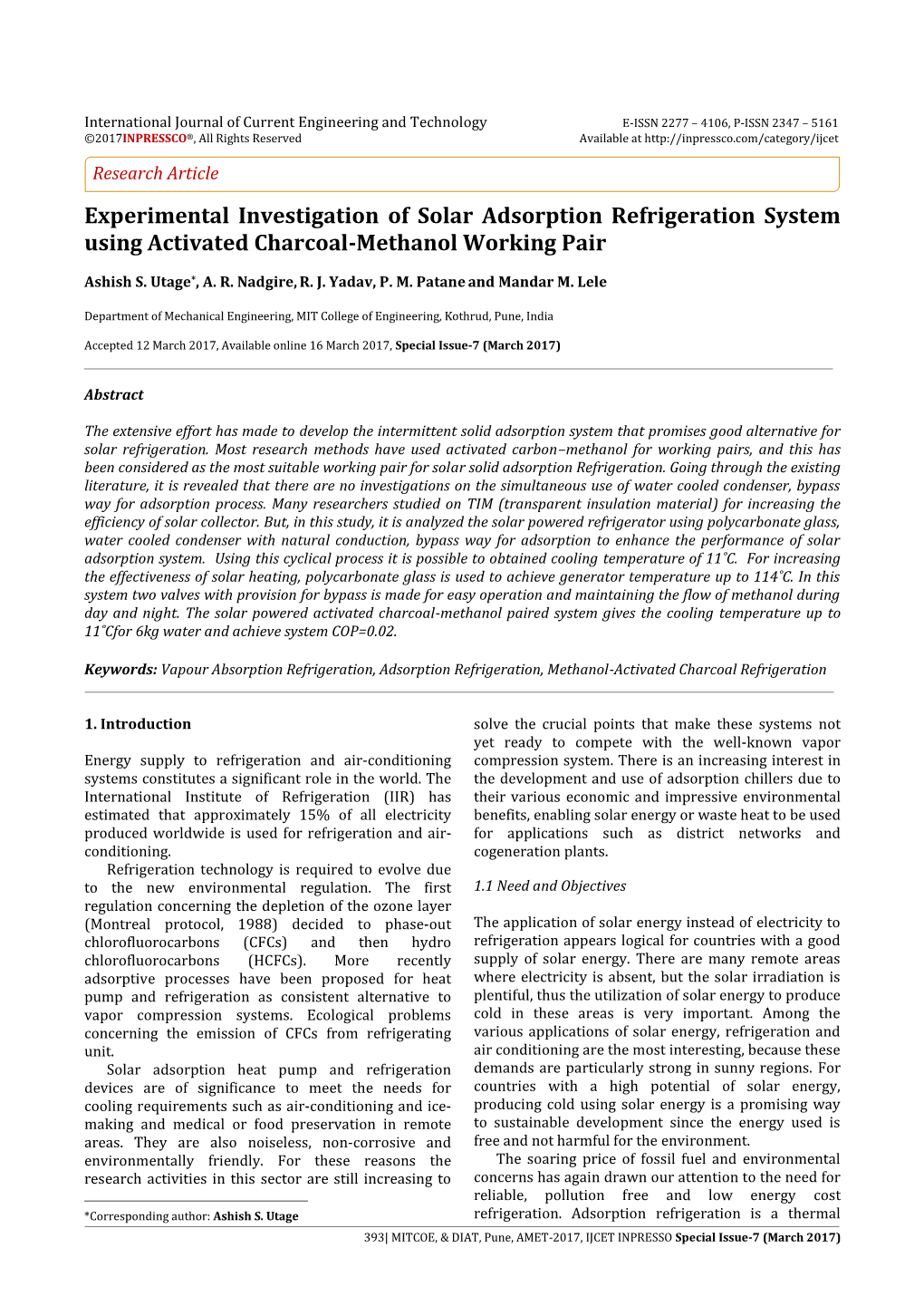 Experimental Investigation of Solar Adsorption Refrigeration System Using Activated Charcoal-Methanol Working Pair