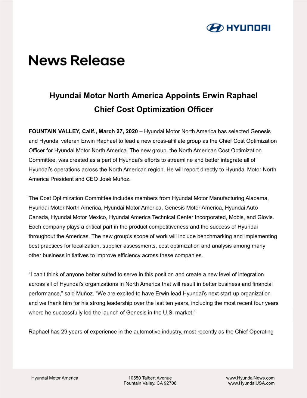 Hyundai Motor North America Appoints Erwin Raphael Chief Cost Optimization Officer