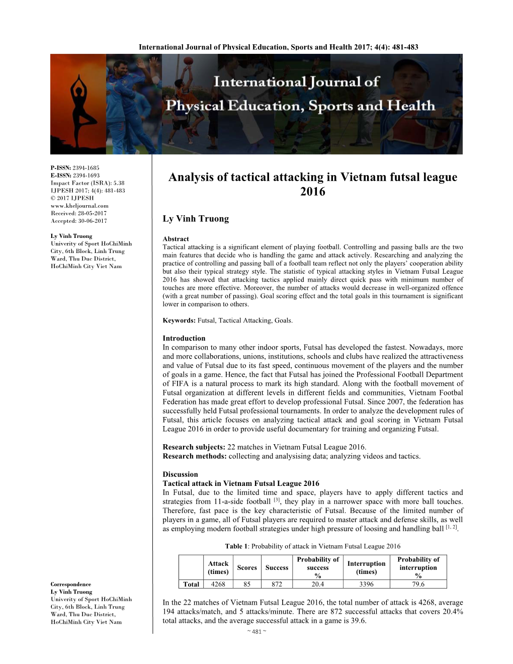 Analysis of Tactical Attacking in Vietnam Futsal League 2016