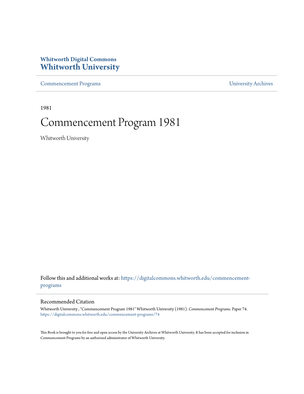 Commencement Program 1981 Whitworth University