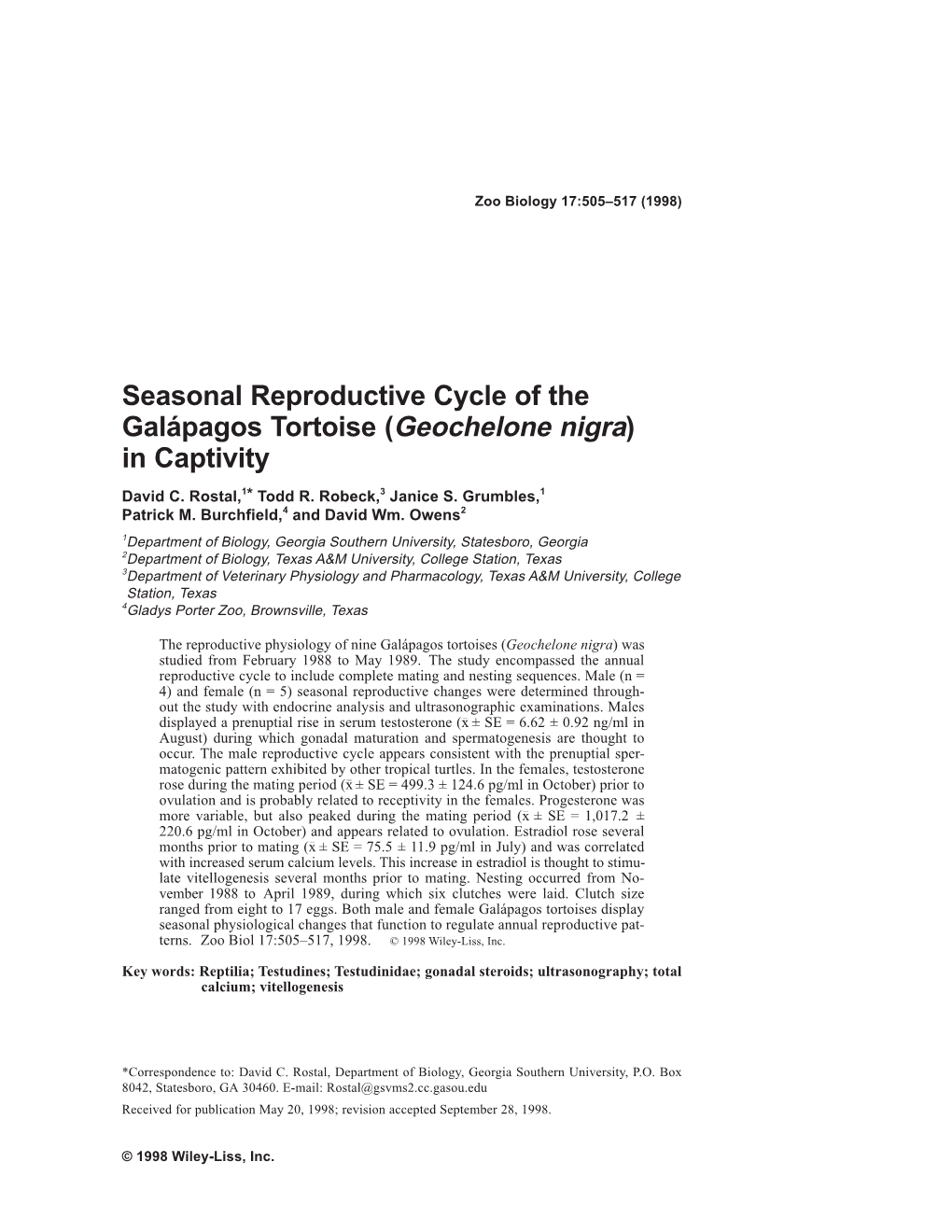 Seasonal Reproductive Cycle of the Galápagos Tortoise (Geochelone Nigra) in Captivity