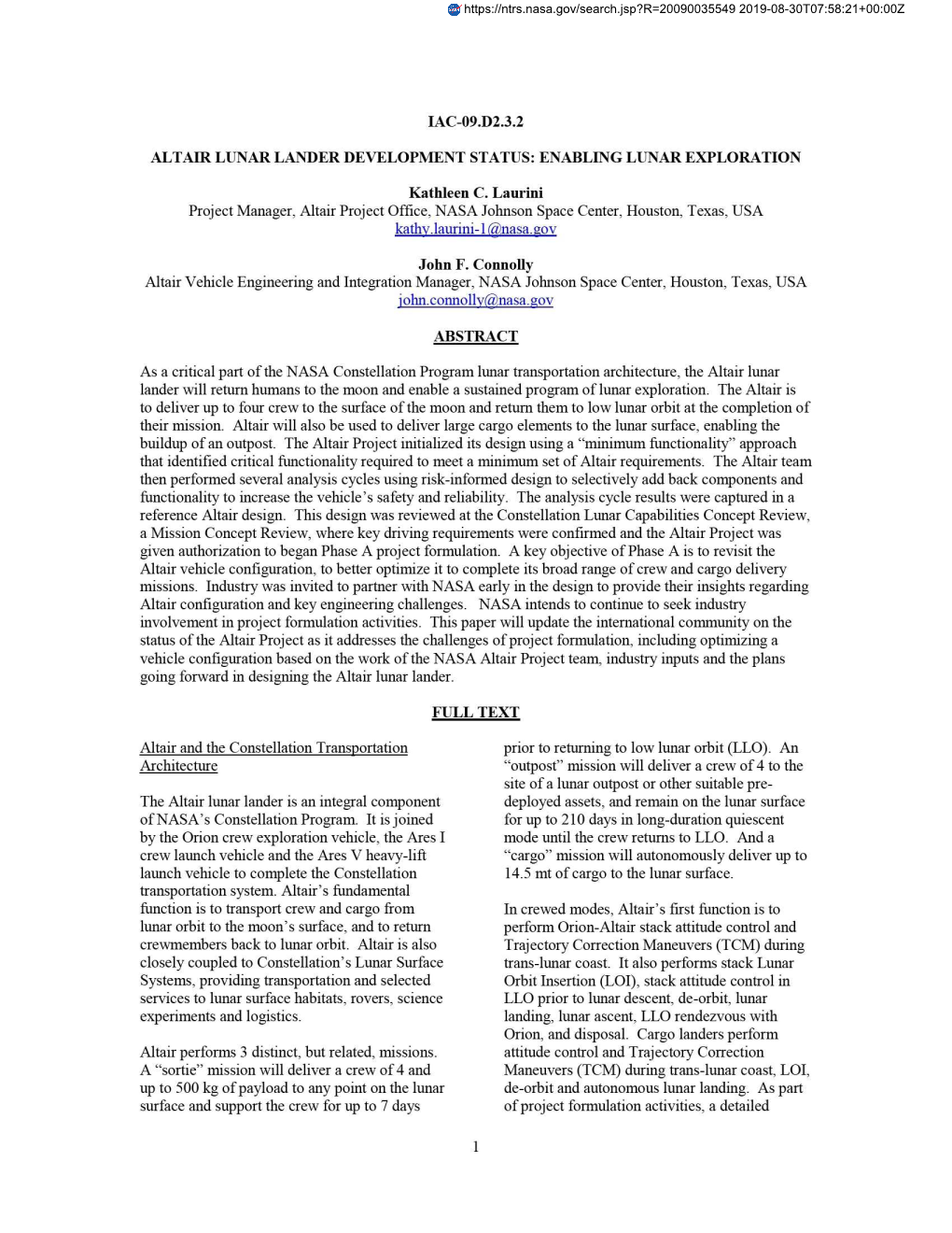 Iac-09.D2.3.2 Altair Lunar Lander Development