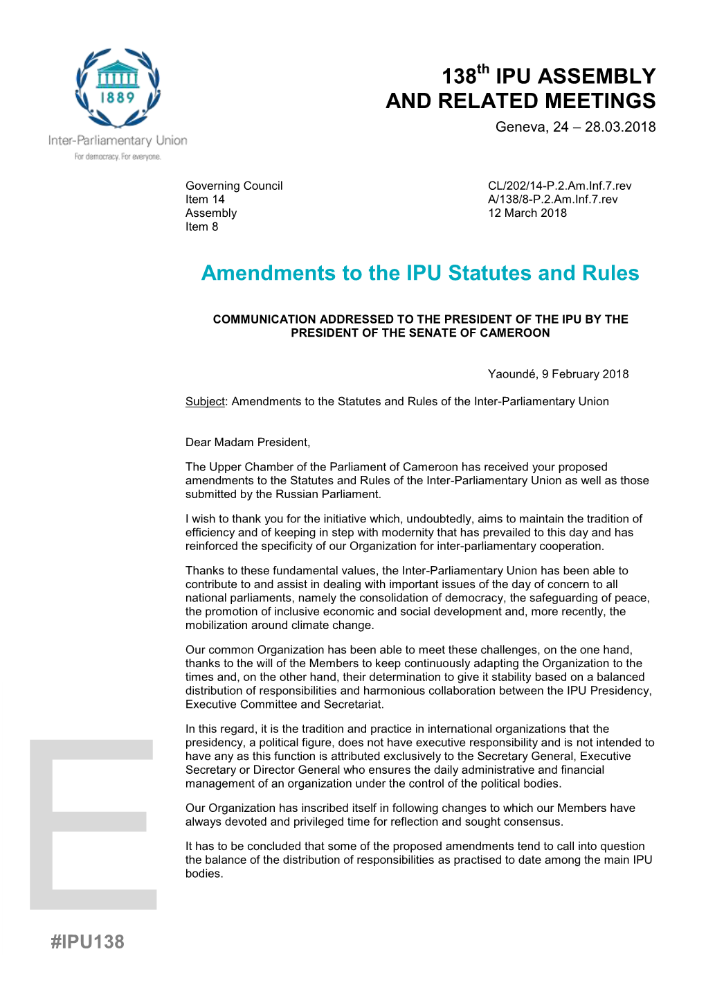 138 IPU ASSEMBLY and RELATED MEETINGS Amendments to the IPU