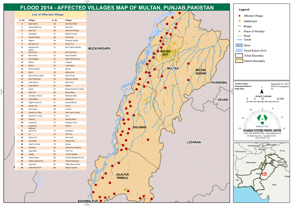 Affected Villages Map of Multan, Punjab,Pakistan