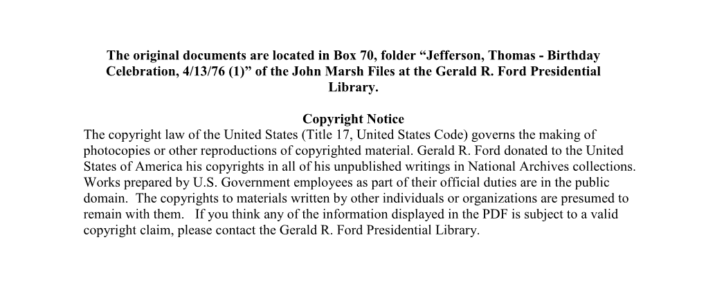 Jefferson, Thomas - Birthday Celebration, 4/13/76 (1)” of the John Marsh Files at the Gerald R