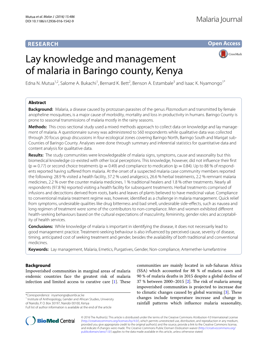 Lay Knowledge and Management of Malaria in Baringo County, Kenya Edna N